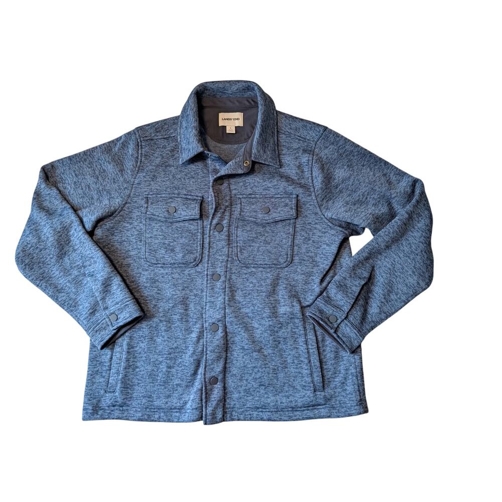 Lands' End Men's Blue Heather Polar Fleece Button Up Shirt Jacket Size L 42-44